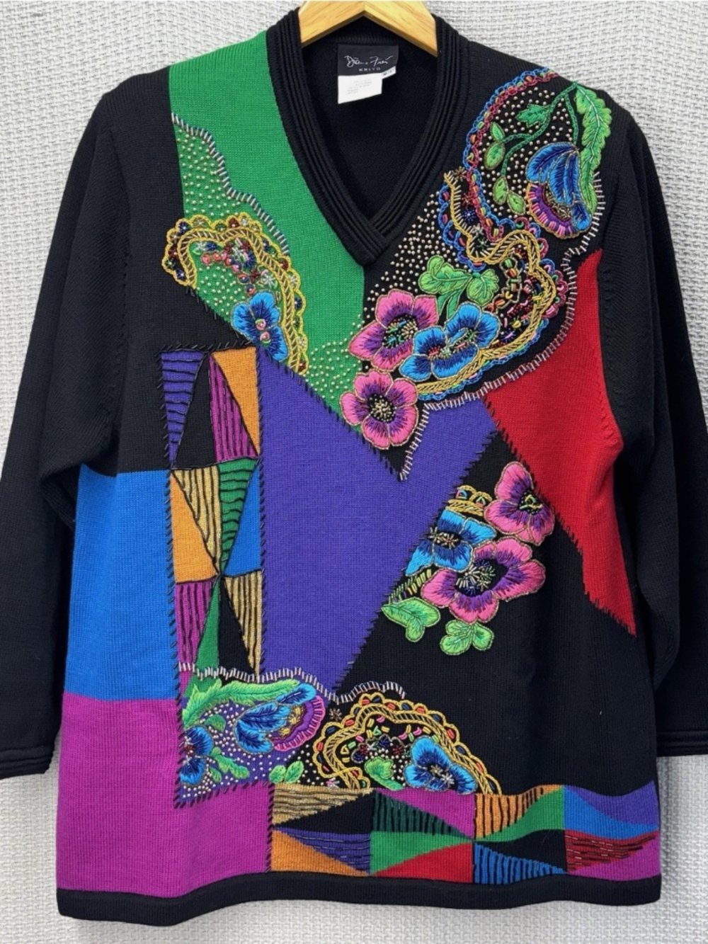 Vtg 1980’s Diane Freis 100% Merino Wool Colorful Sweater Women Sz Med Eclectic